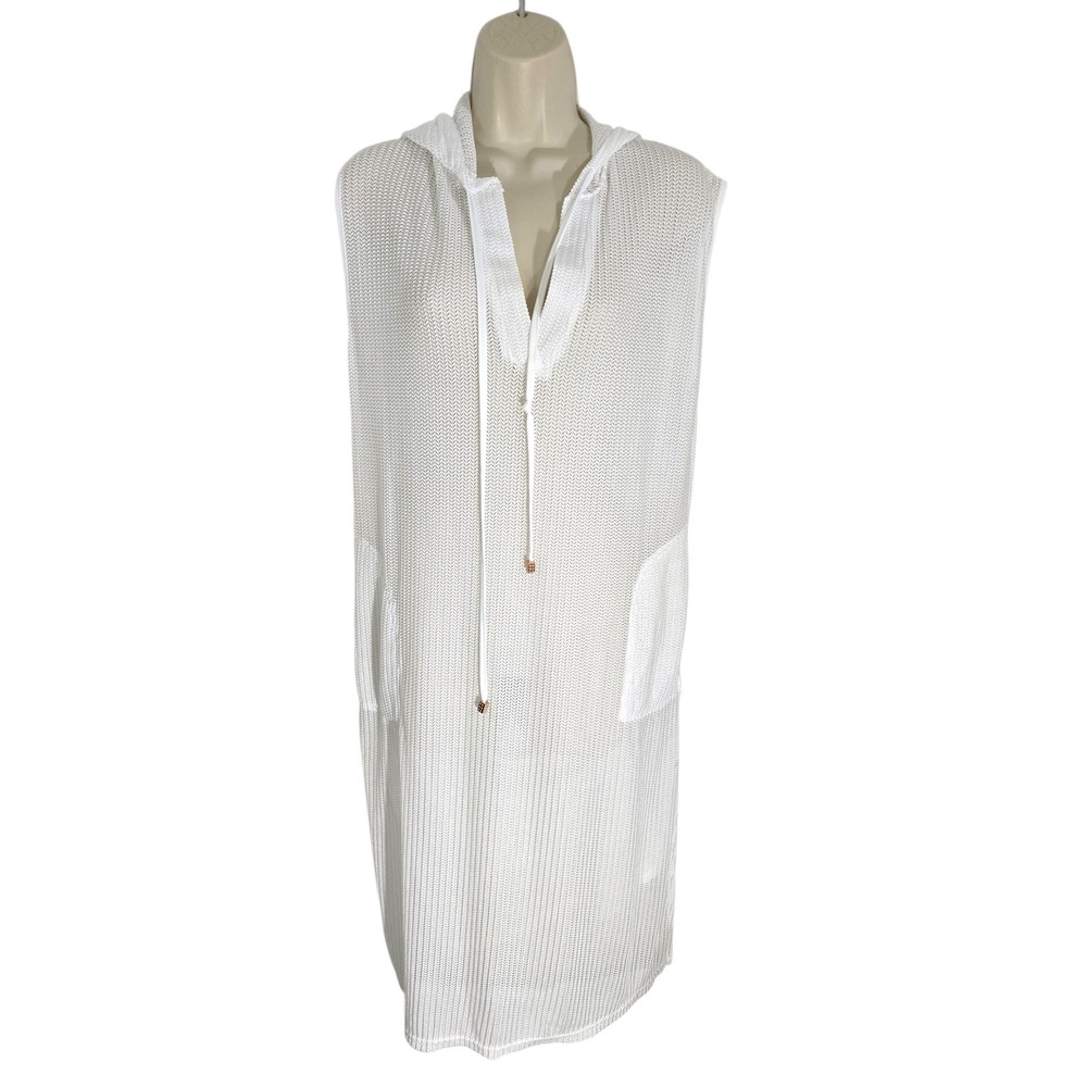 Blue Island Womens White Textured Knit Sleeveless Hooded Cover Up Dress Size M